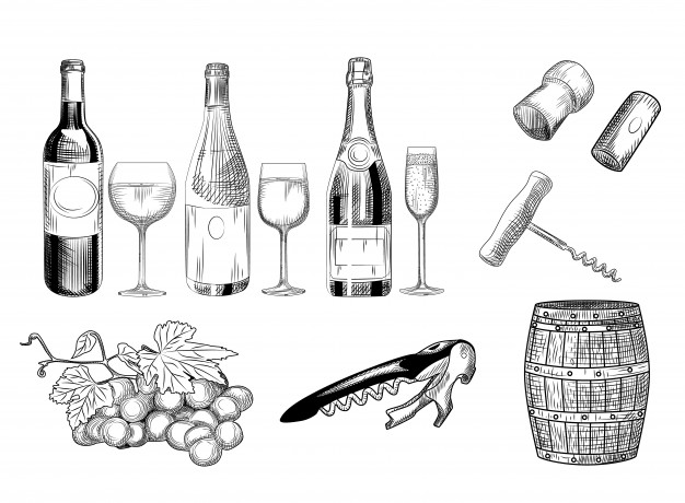 626x460 Set Of Wine Hand Drawn Of Wine Glass, Bottle, Barrel, Wine Cork