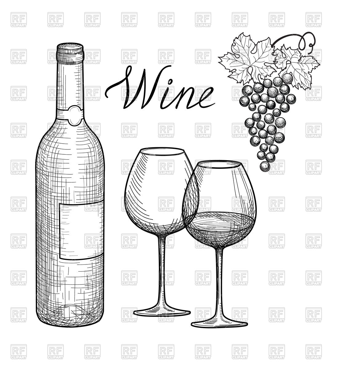 1100x1200 Wine Glass, Bottle And Grape Branch Vector Image Of Food