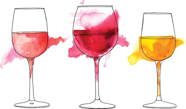 612x359 A Set Of Vector And Watercolor Drawings Of Glass Of Rose, Red