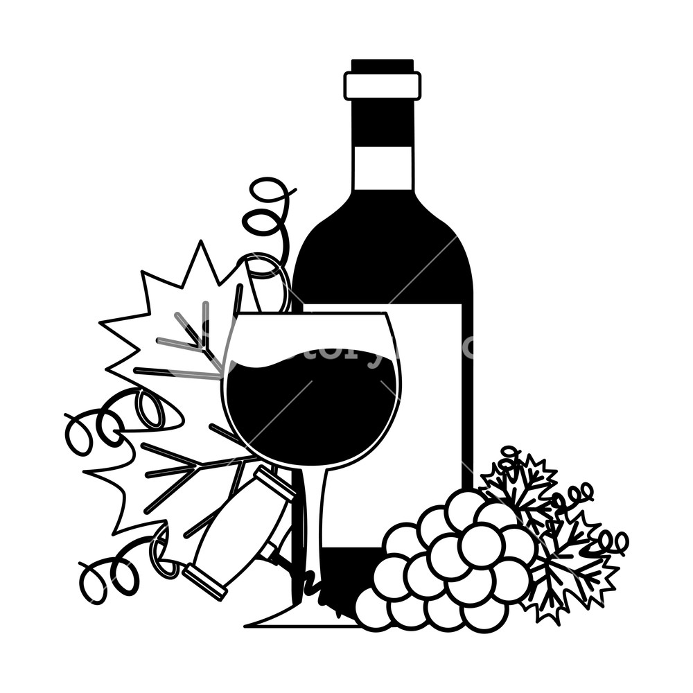 Wine Bottle Cup Corkscrew Bunch Fresh Grapes Vector Illustration 1000x1000 Wine Bottle Cup Corkscrew Bunch Fresh Grapes Vector Illustration