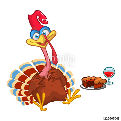500x500 Thanksgiving Cartoon Turkey Bird With A Pie And Wine Vector