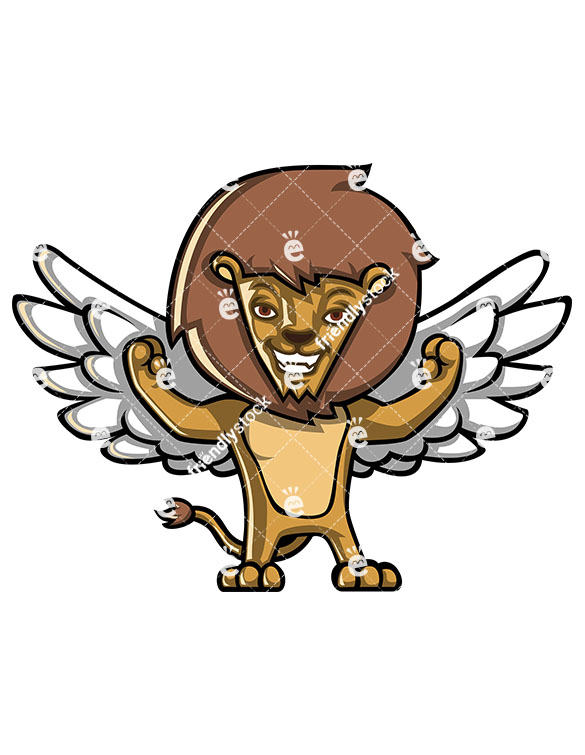 585x755 Winged Lion Flexing Its Muscles Cartoon Clipart