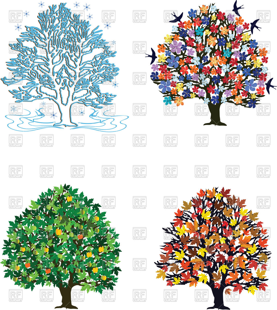 1073x1200 Four Seasons Trees In Spring, Summer, Autumn, Winter Vector