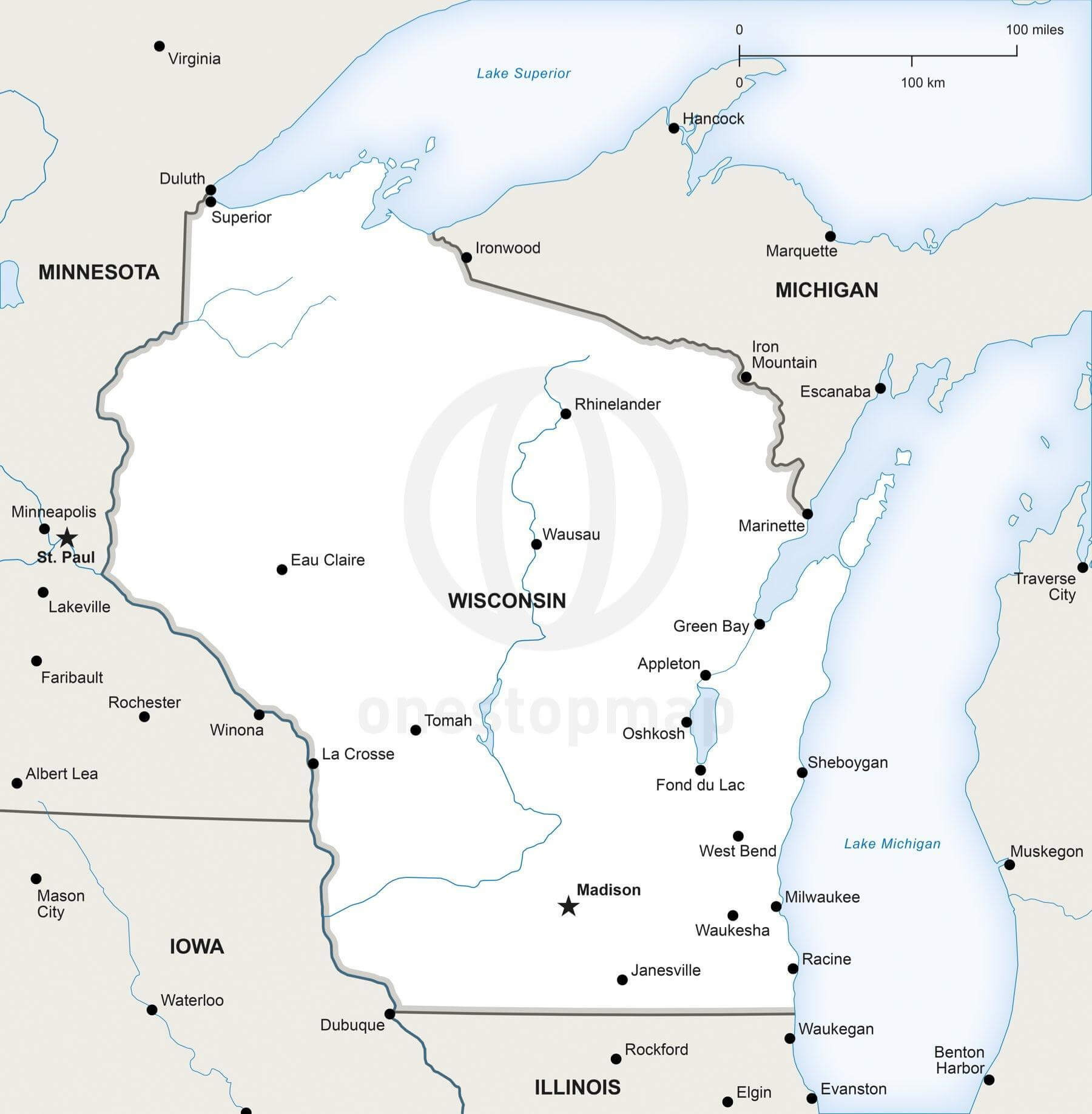 1800x1836 Vector Map Of Wisconsin Political One Stop Map