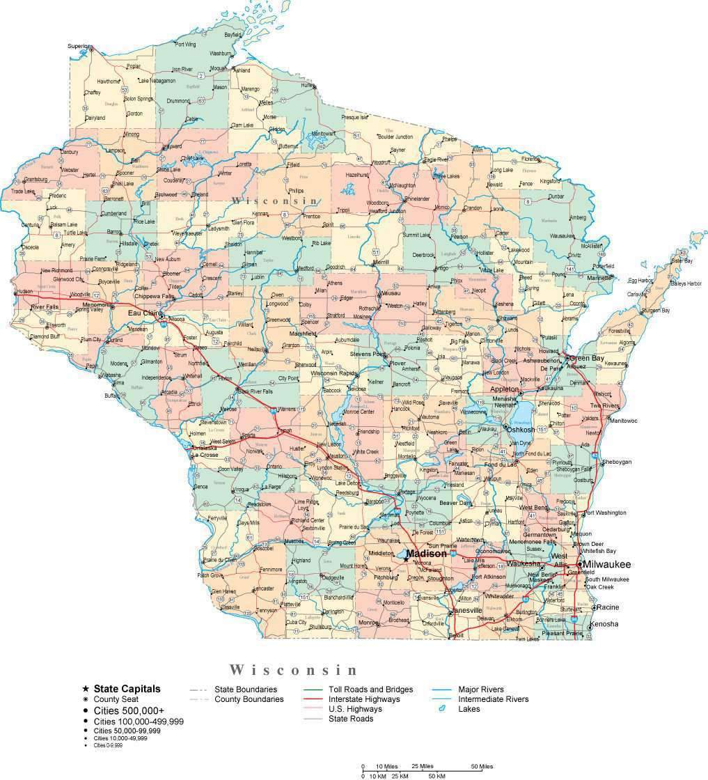 1017x1120 Wisconsin Digital Vector Map With Counties, Major Cities, Roads