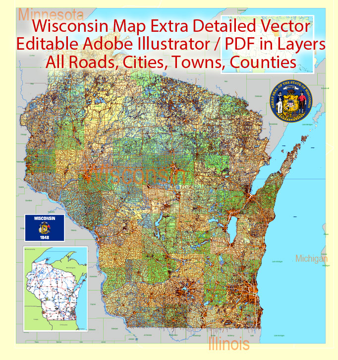 682x725 Wisconsin State Vector Map Exact Extra Detailed Layered Adobe