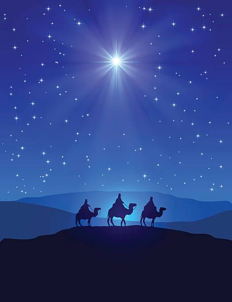 471x612 Christmas Star On Blue Sky And Three Wise Men Vector Art