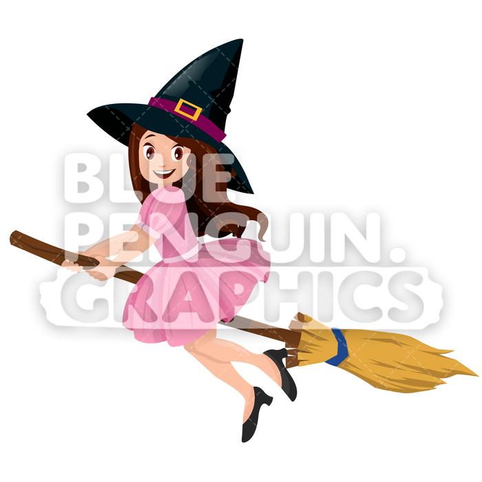 700x700 Cute Witch On Broom Vector Cartoon Clipart Illustration Blue