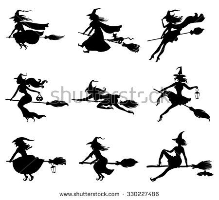 450x411 Illustrations Of Silhouette Witches Flying On Broomstick Set