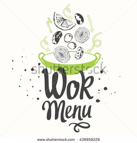 450x470 Vector Illustration With Wok Pan Asian Menu In Sketch Style