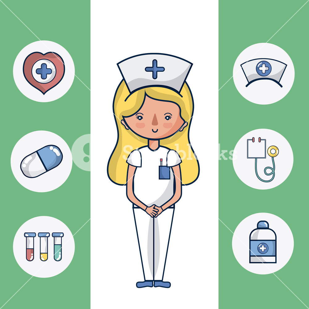 1000x1000 Cute Nurse Woman Cartoon With Medical Symbols Vector Illustration