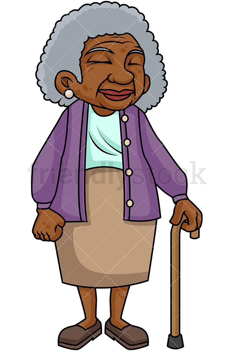 800x1200 Black Old Woman With Walking Stick Cartoon Vector Clipart