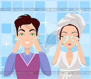 Man And Woman Washing Their Faces Cleaning 300x262 Man And Woman Washing Their Faces Cleaning