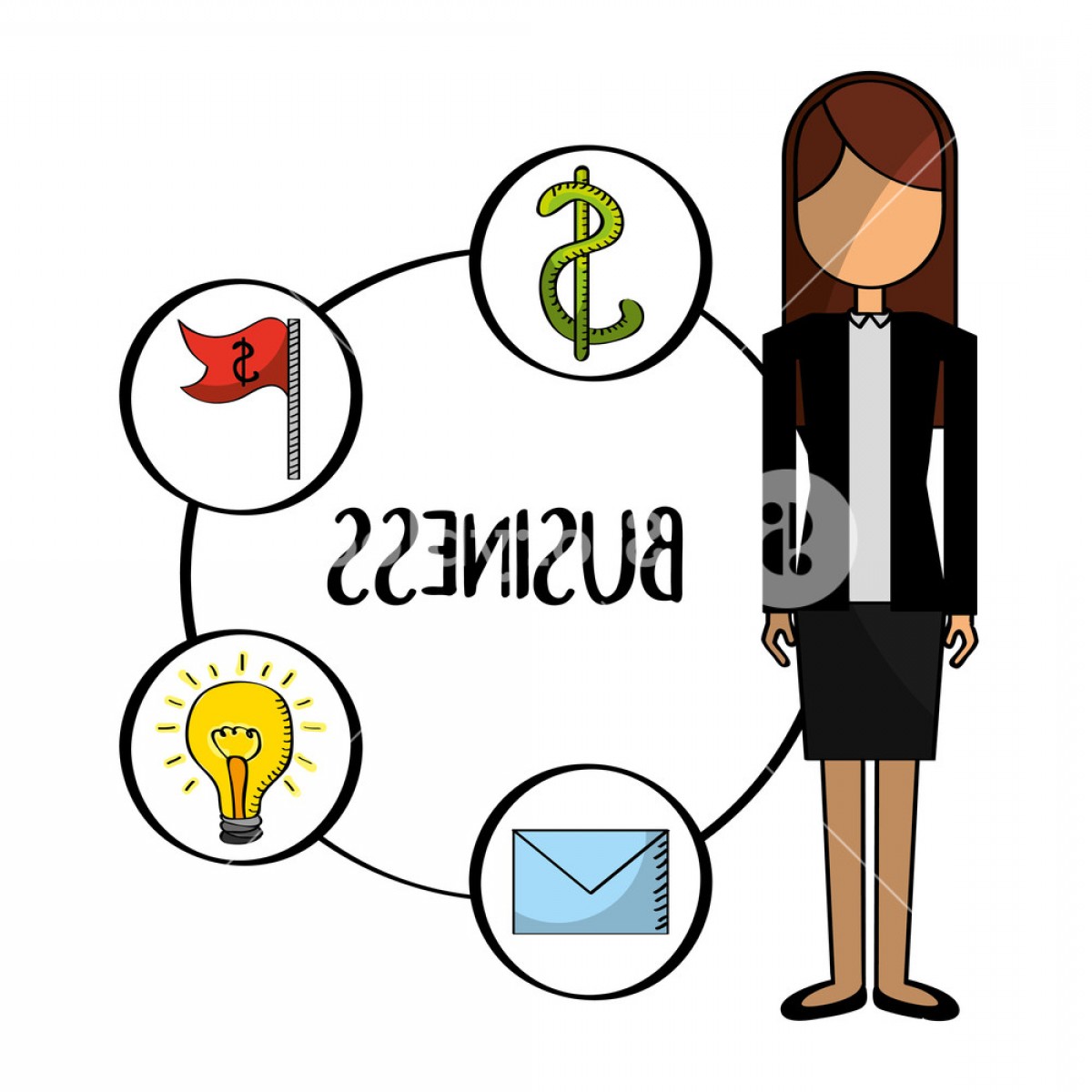 1200x1200 Standing Business Woman With Business Icons Vector Illustration