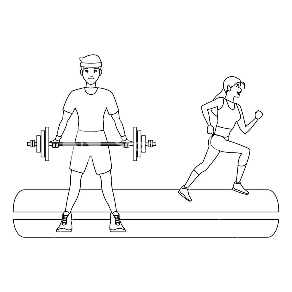 1000x1000 Fitness Man Lifting Barbell And Woman Running Vector Illustration