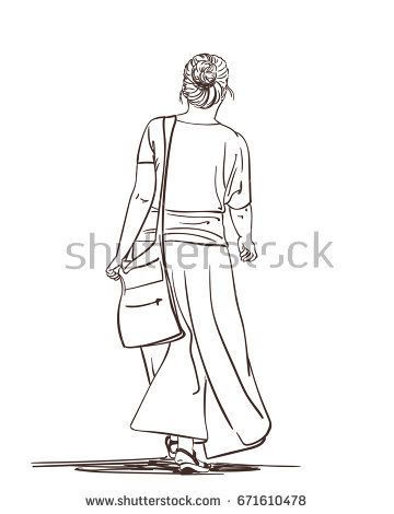 360x470 Hand Drawn Line Art Illustration Of Woman In Long Skirt Walking
