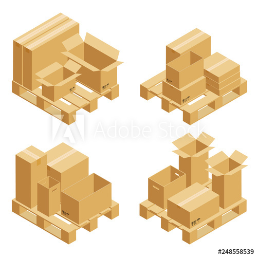 500x500 Cardboard Boxes And Wood Pallet Isometric Set Isolated On White