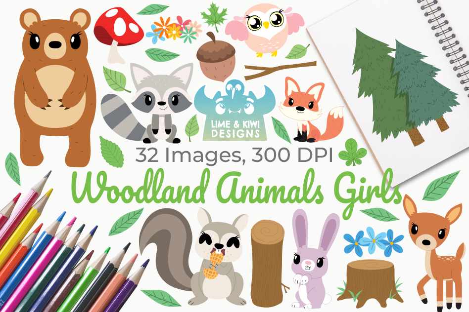 Woodland Animals Girls Clipart, Instant Download Vector Art 948x632 Woodland Animals Girls Clipart, Instant Download Vector Art