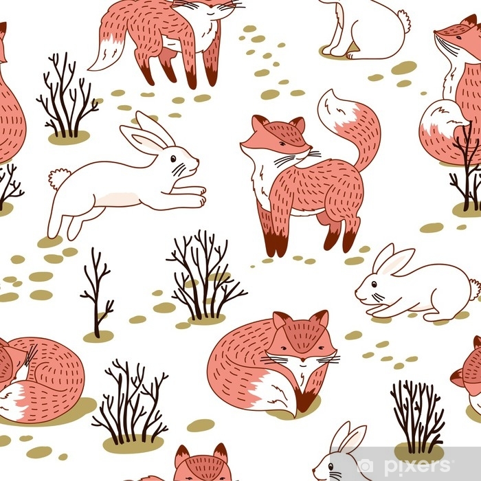 700x700 Red Foxes And White Hare In The Woodland Vector Seamless Pattern