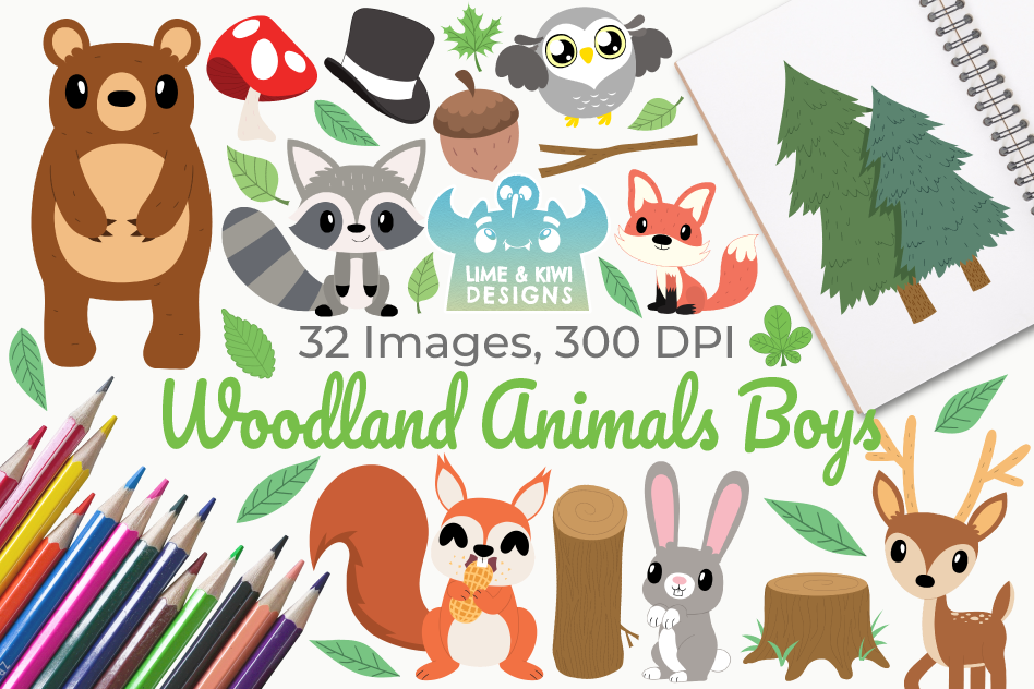 948x632 Woodland Animals Boys Clipart, Instant Download Vector Art