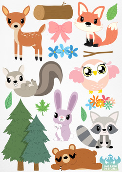 250x350 Woodland Animals Girls Clipart, Instant Download Vector Art