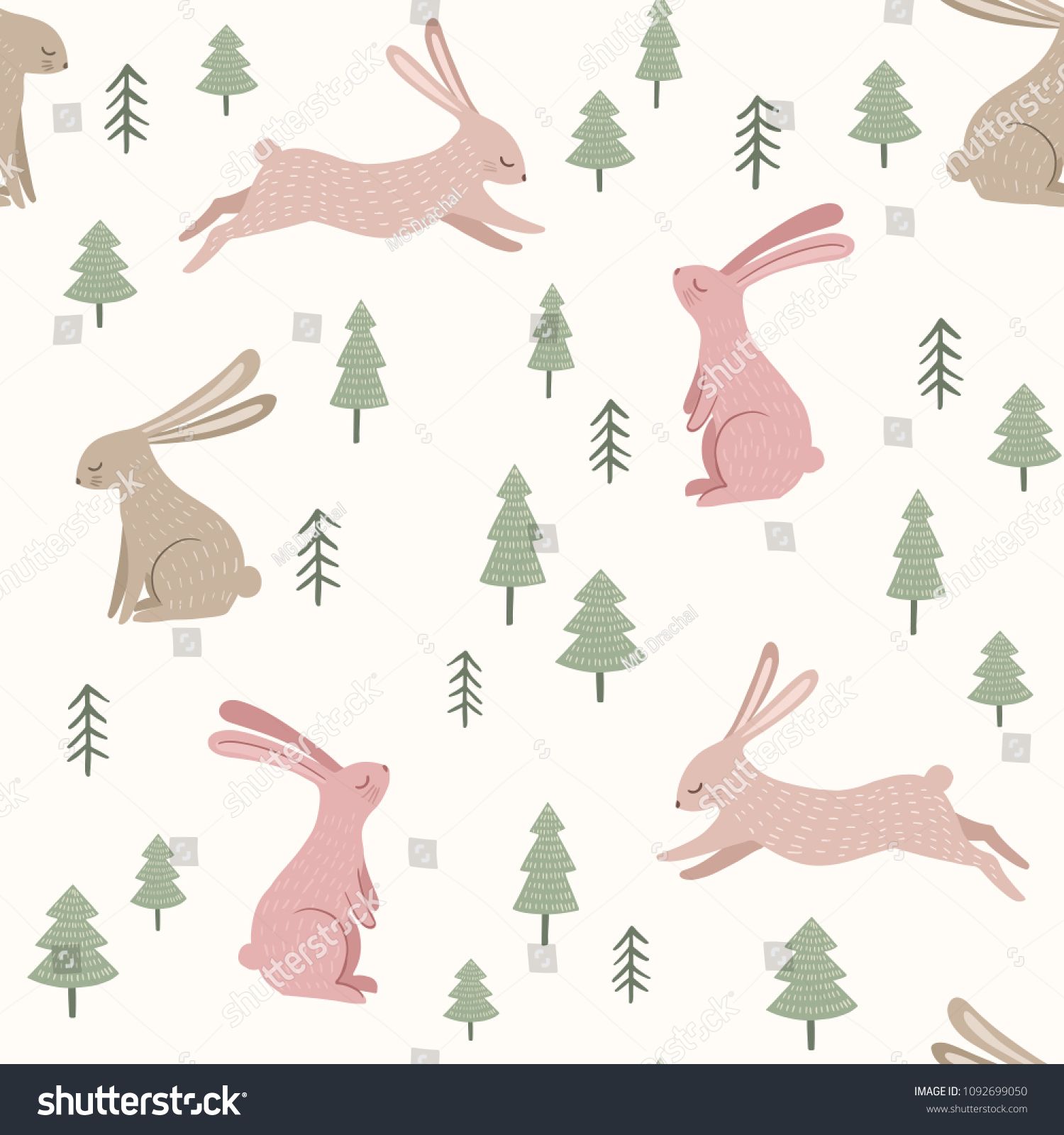 1500x1600 Woodland Vector Pattern With Rabbits And Small Trees Vintage