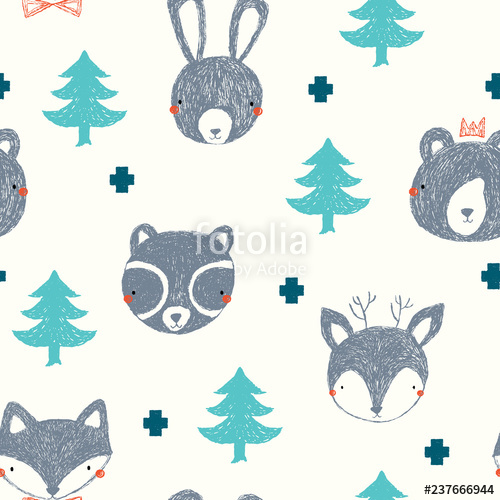 500x500 Cute Woodland Vector Pattern, Deer, Fox, Rabbit Bear And Raccoon
