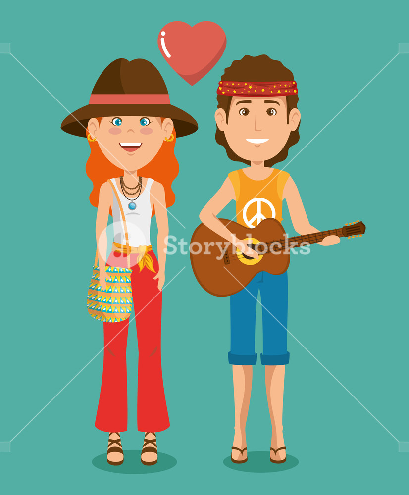 826x1000 Hippie People Dressed In Classic Woodstock Sixties Vector