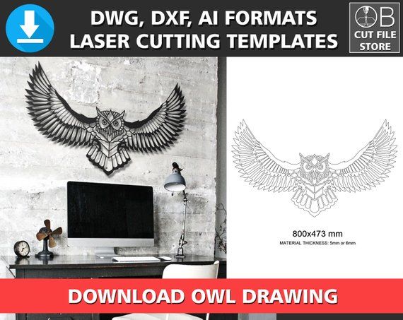 570x453 Owl Wall Decor Laser Cutting Template Dxf Dwg Format Cnc