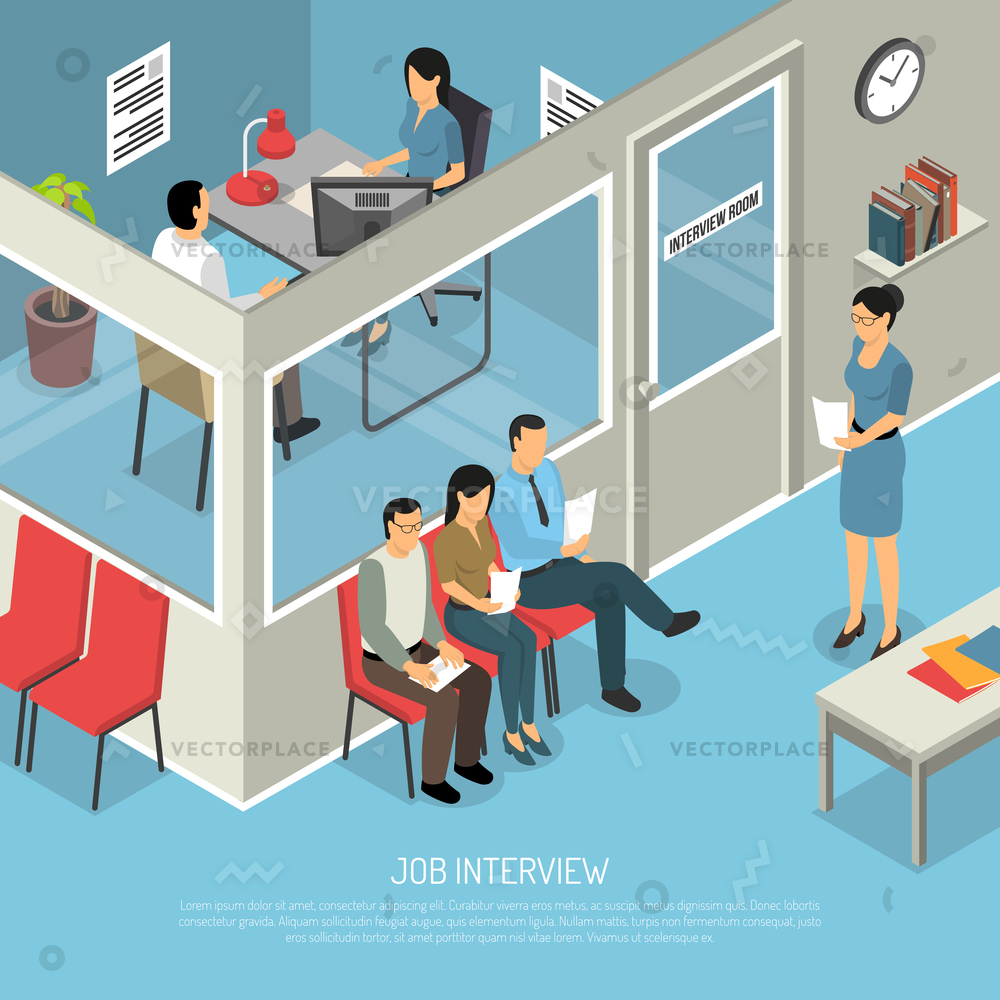 1000x1000 Job Interview Composition Isometric Office Interior Vector