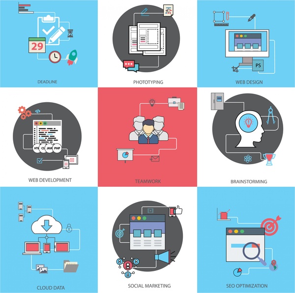 600x596 Online Marketing Concepts Isolated With Working Elements Free