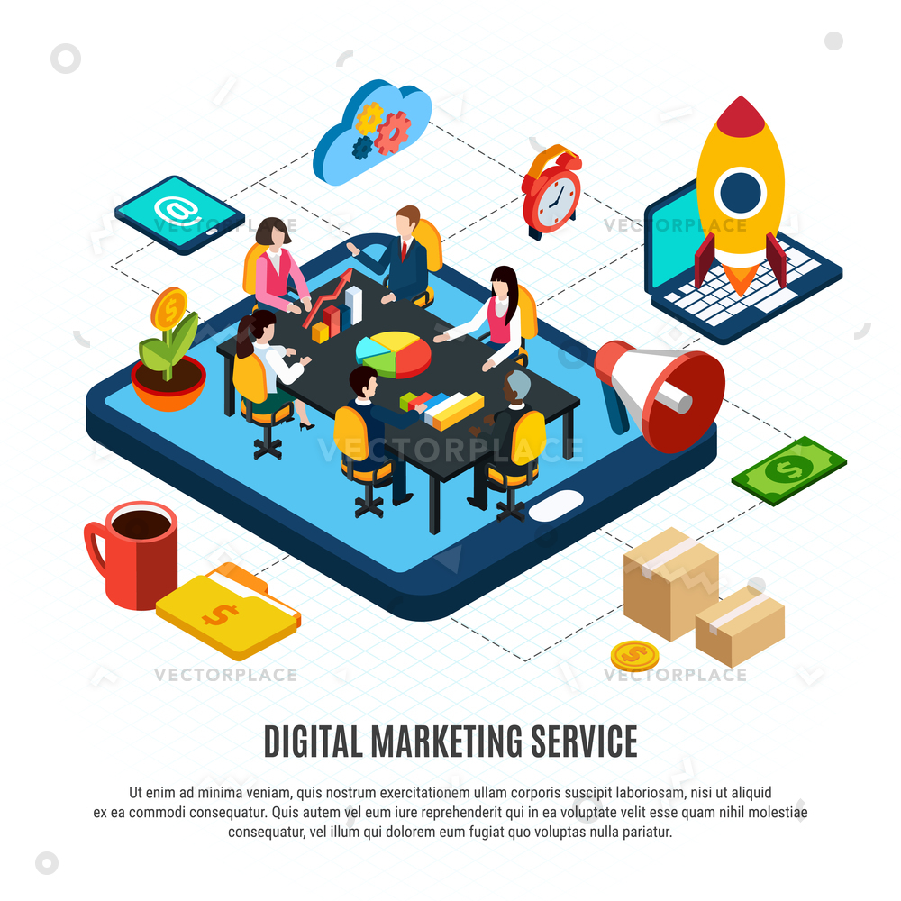 1000x1000 Digital Marketing Isometric Flowchart People Working Vector