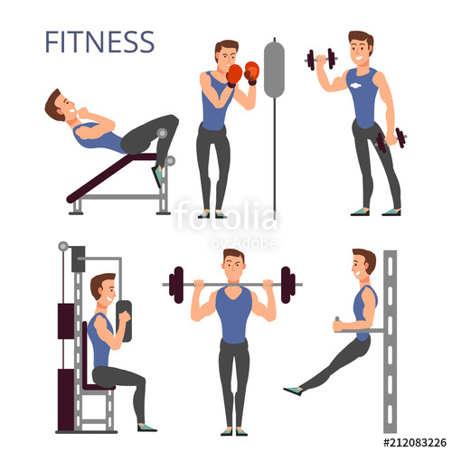 500x500 Gym Exercises, Body Pump Workout Vector Set With Cartoon Sport Man