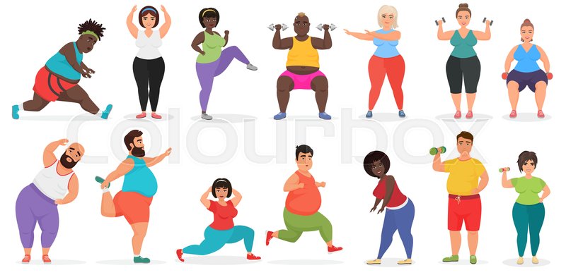 800x390 Fat Cute People Doing Fitness Exercise Stock Vector Colourbox