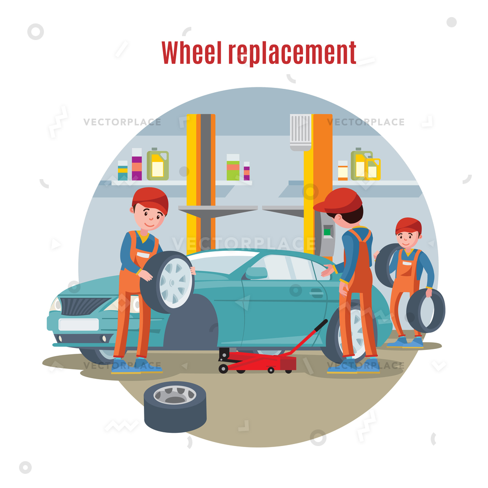 1000x1000 Colorful Tire Service Concept Workers Replacing Vector