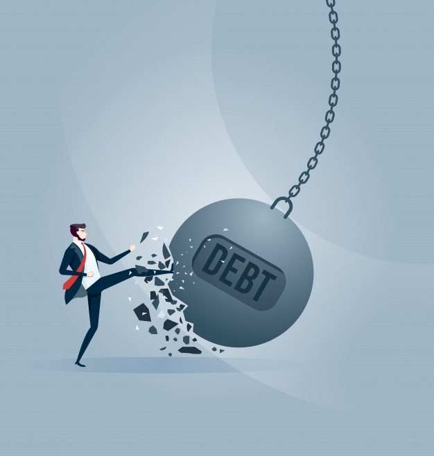 626x659 Businessman Kicks A Giant Wrecking Ball With A Word Debt Vector