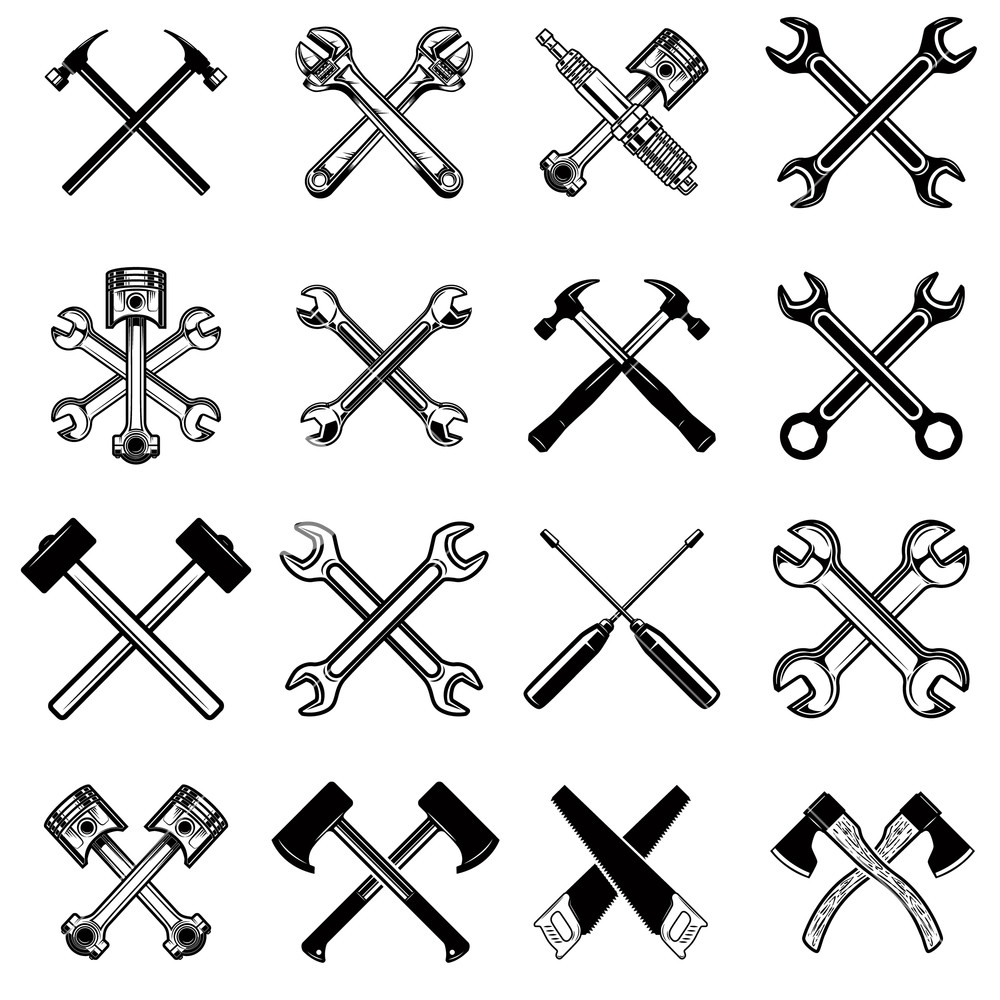 Set Of Crossed Saws, Hammers, Pistons, Wrench, Axe Design Element 1000x1000 Set Of Crossed Saws, Hammers, Pistons, Wrench, Axe Design Element