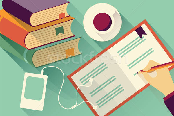 600x399 Writing Into Notebook Background With Stack Of Books And Coffee