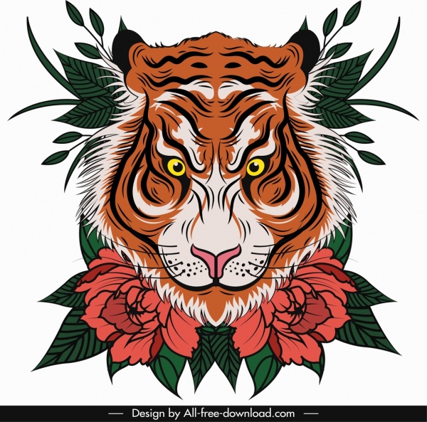 600x593 Tiger Painting Face Floral Leaf Decor Classical Design Free Vector