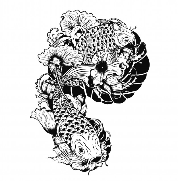 626x635 Carp Fish With Lotus Vector Tattoo