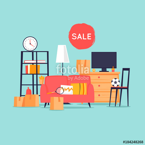 500x500 Garage Sale, Unnecessary Things Flat Design Vector Illustration