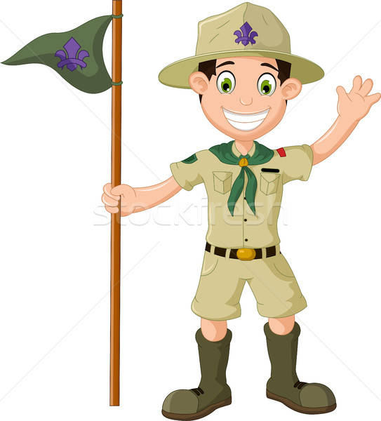 543x600 Cute Boy Scout Cartoon Holding Pole Yelling Vector Illustration