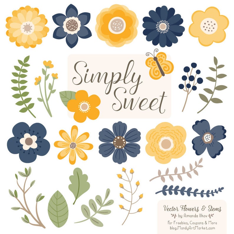 Cute Flowers Clipart In Navy Lemon Navy And Yellow Vector Etsy 794x794 Cute Flowers Clipart In Navy Lemon Navy And Yellow Vector Etsy
