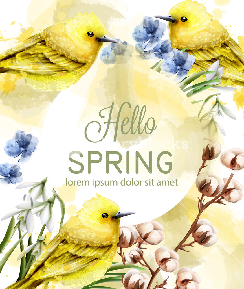 843x1000 Hello Spring Card Watercolor Vector With Cute Birds And Flowers