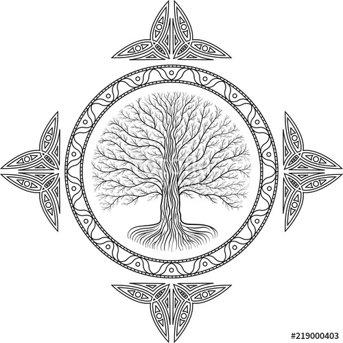 500x500 Druidic Yggdrasil Tree, Round Gothic Logo Ancient Book Style