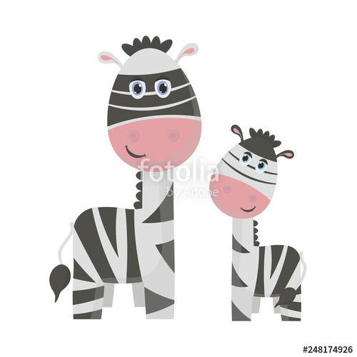 500x500 Vector Illustration, Adult Zebra And Young Zebra Cartoon