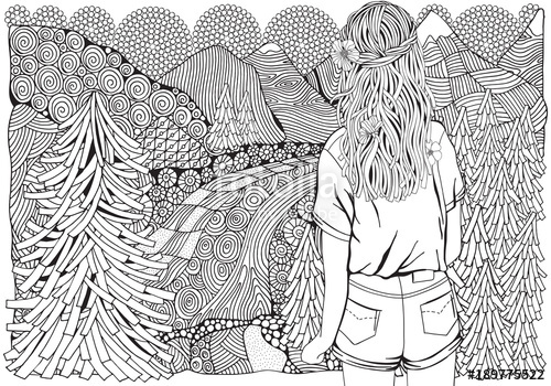 500x350 Girl With Long Hair In The Forest Fir Trees, River And Mountain