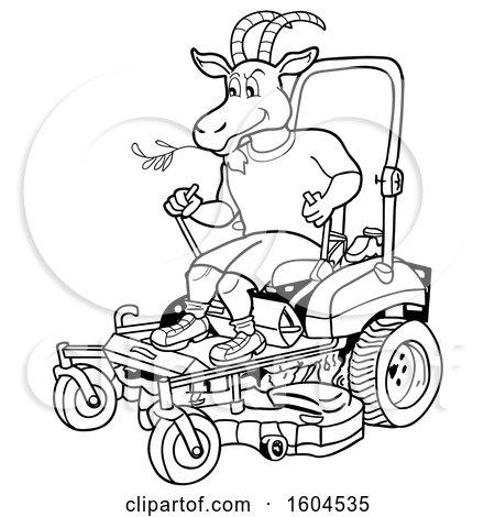450x470 Clipart Of A Cartoon Black And White Goat On A Zero Turn Lawn