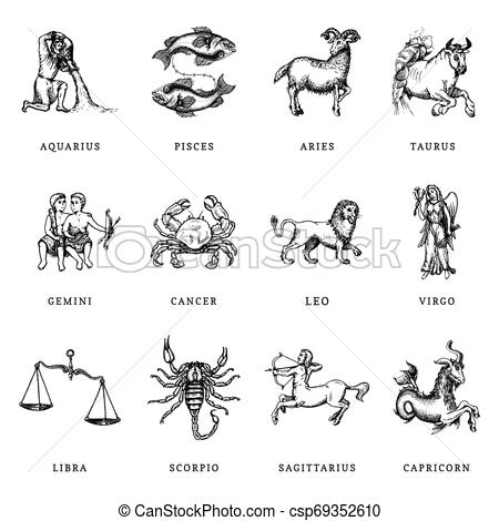 450x470 Zodiac Symbols Set, Hand Drawn In Engraving Style Vector Graphic