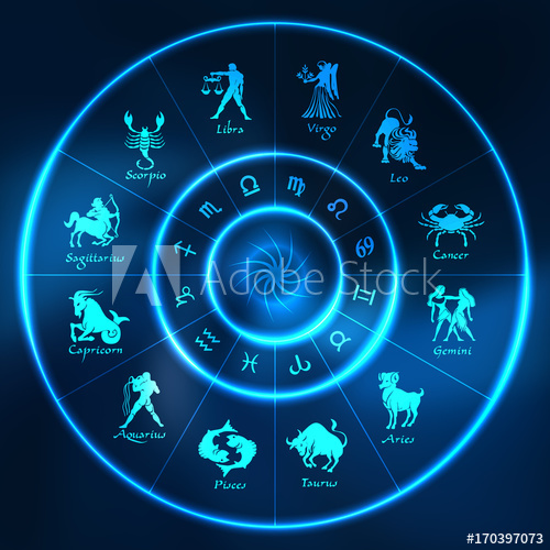500x500 Blue Neon Horoscope Circle Circle With Signs Of Zodiac Vector